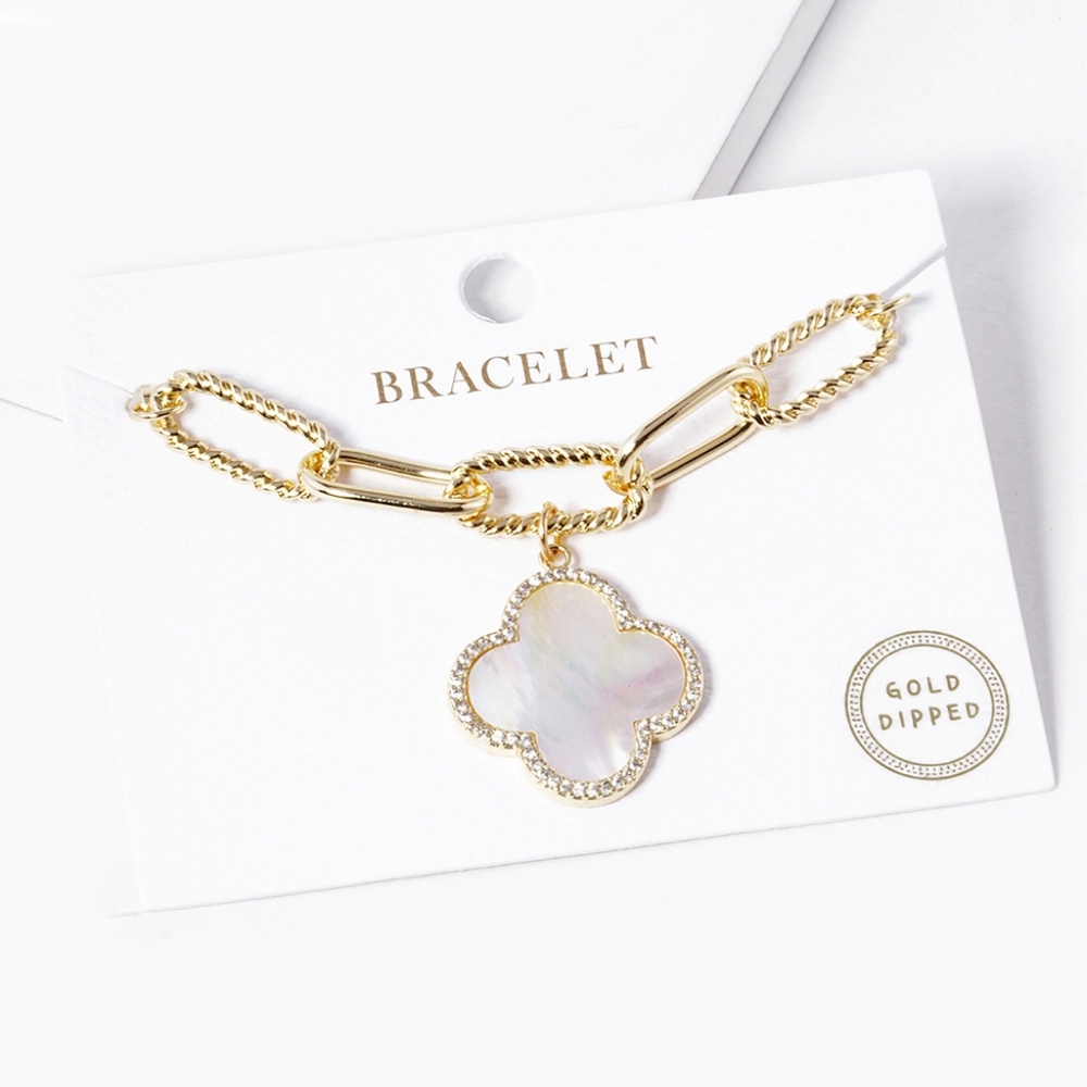 Gold Quatrefoil Pendant Charm Bracelet Paperclip Clover Link Chain Jewelry